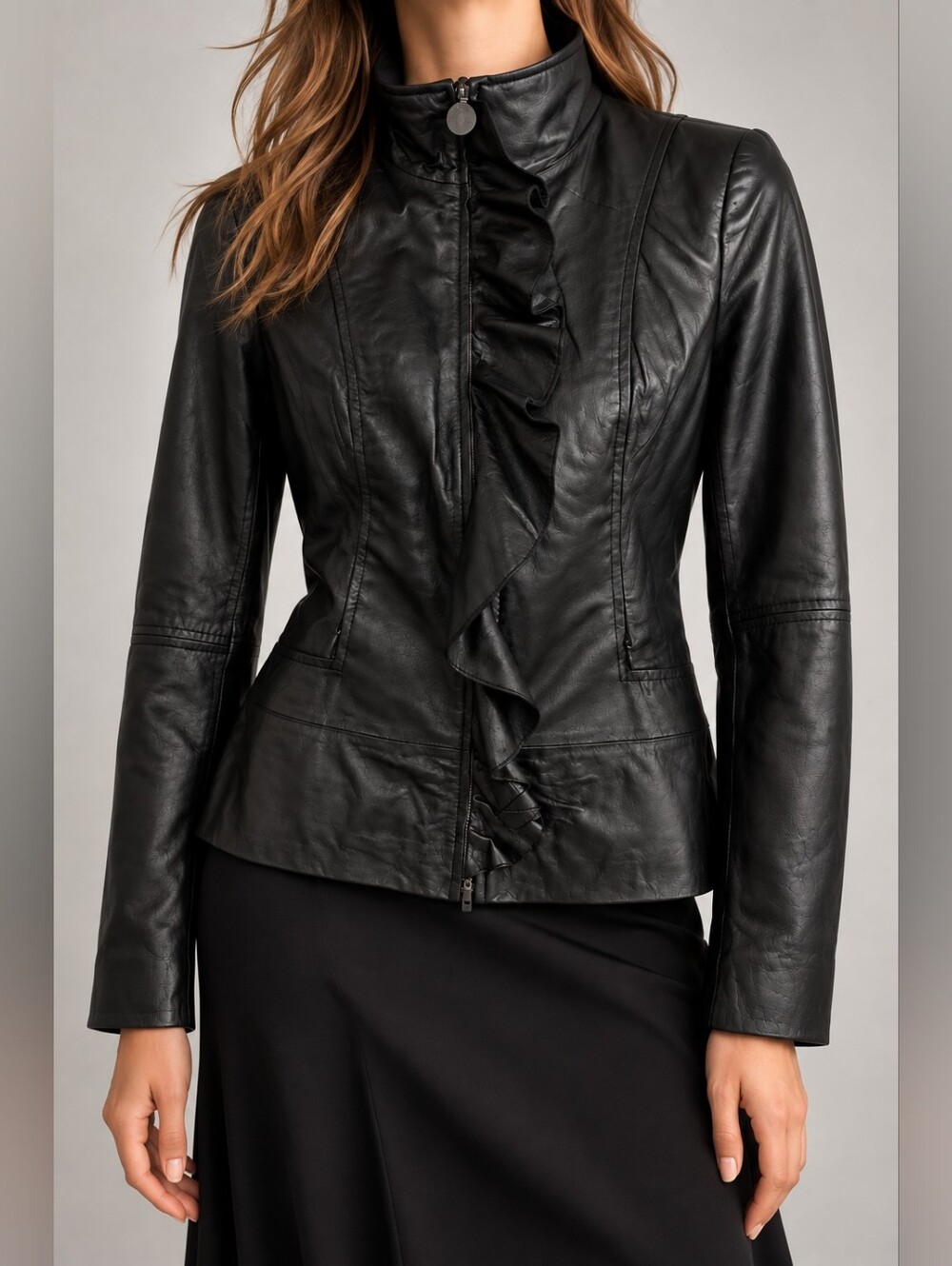 Elie Tahari Black Leather Ruffle Front Jacket High Collar Women's
